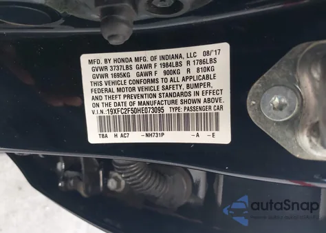 2017 Honda Civic Lx from USA, damaged, VIN 19XFC2F50HE073095